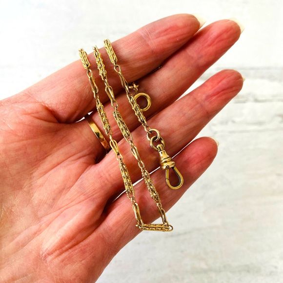 Antique Very Fancy Bar Link Pocket Watch Chain Choker Necklace Gold Filled 14" L - Picture 2 of 6